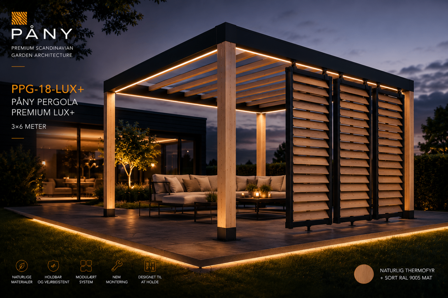 Pergola at dusk with lounge seating