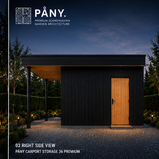 PCS-36-P — right side elevation, open carport bay alongside enclosed storage