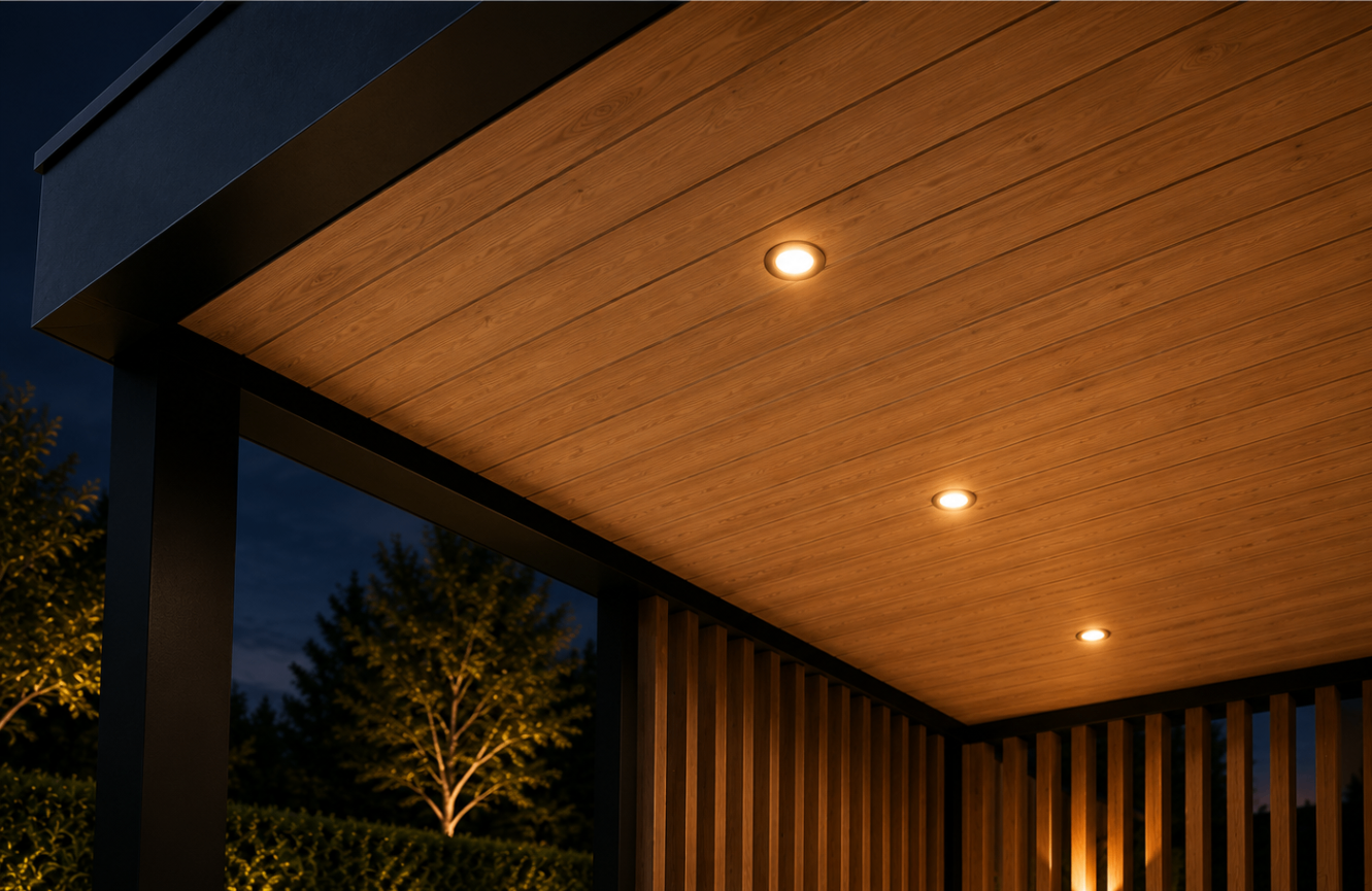 PCP-36-P — ceiling detail, heat-treated Nordic pine with recessed LED