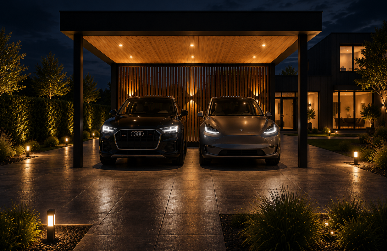 PCP-36-P — night scene, two cars under warm-lit thermo-pine canopy