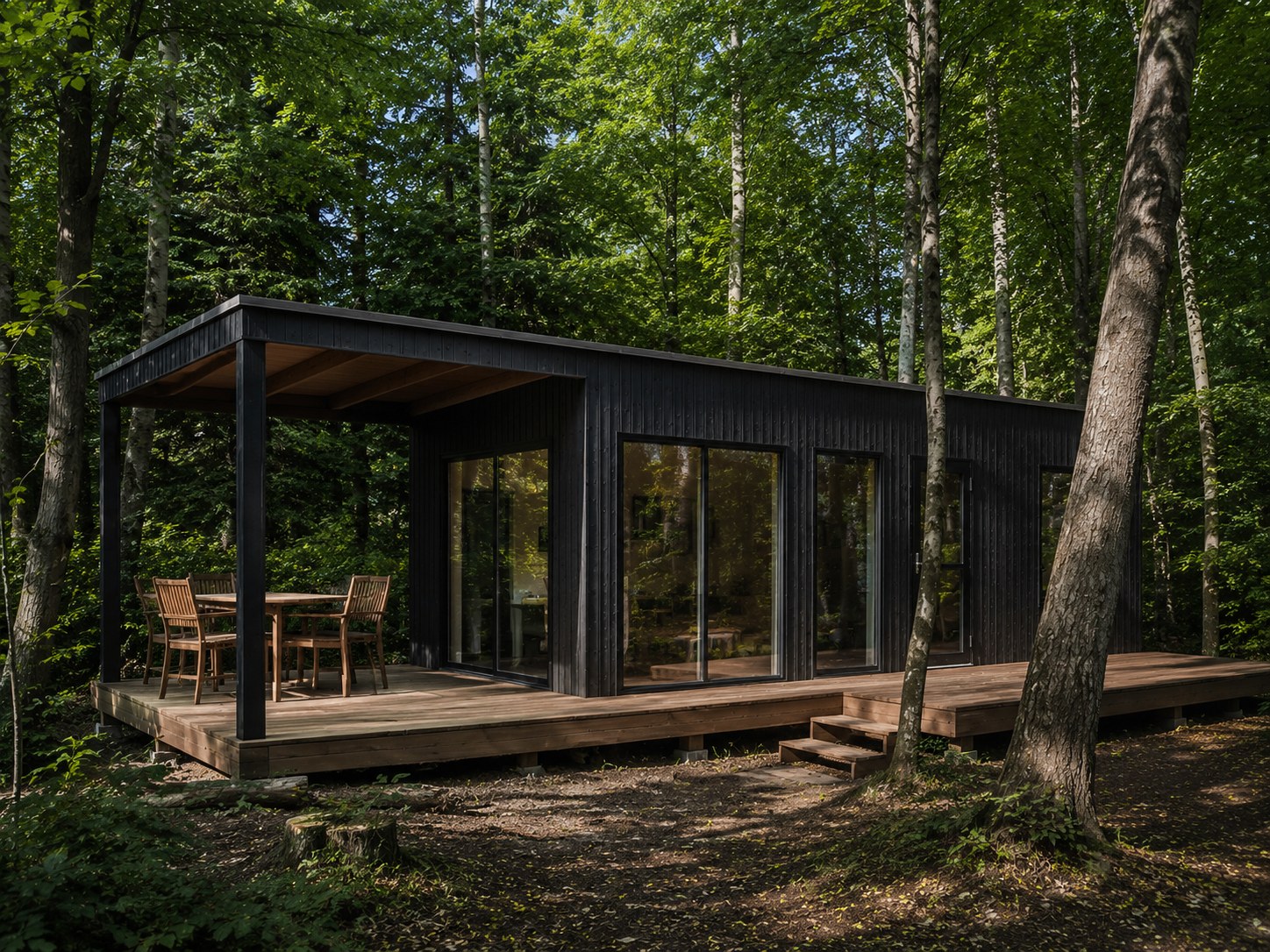Modern black Scandinavian garden studio with covered terrace in a Danish woodland setting