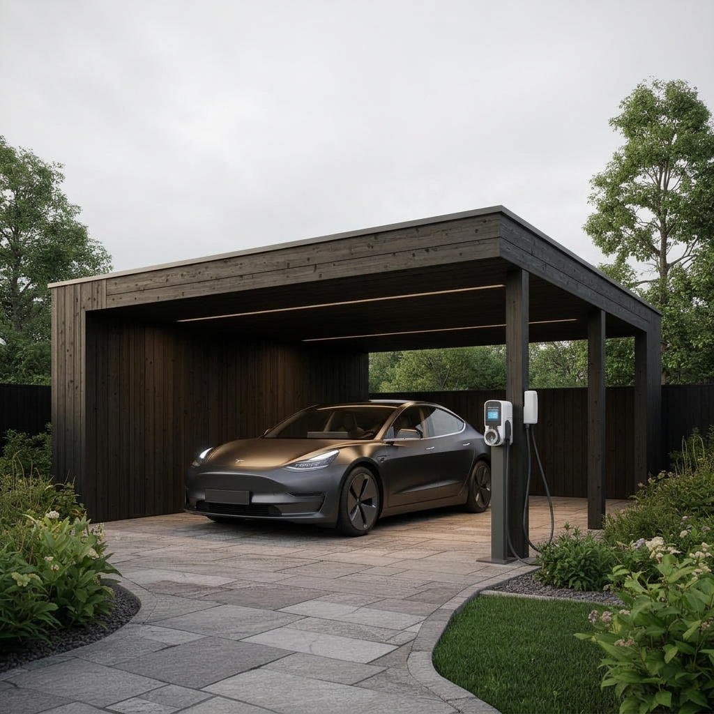 A PÅNY architectural carspace at dusk — blackened cedar canopy with warm lighting
